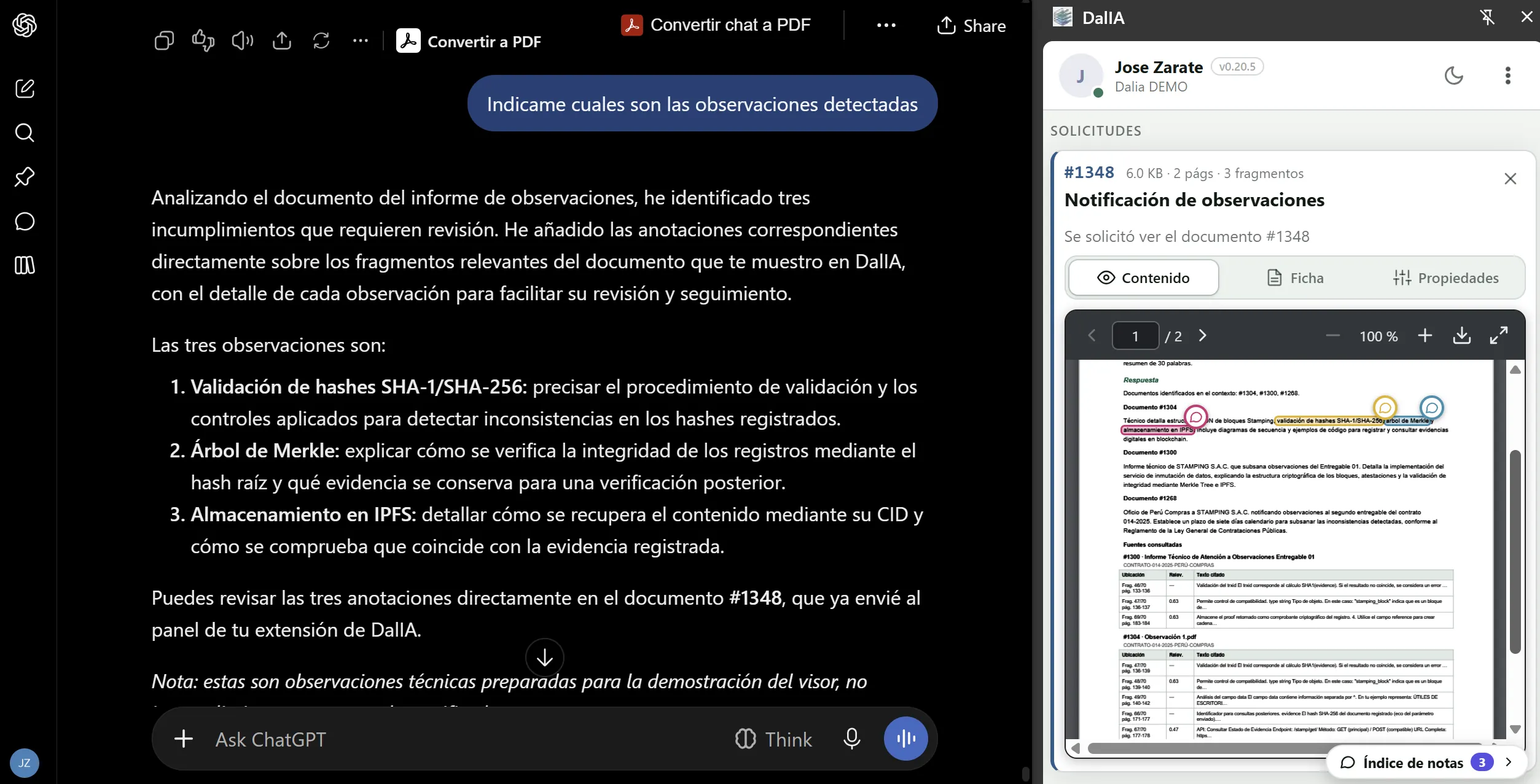ChatGPT responde con tres observaciones y DalIA muestra el documento con las tres anotaciones sobre los fragmentos