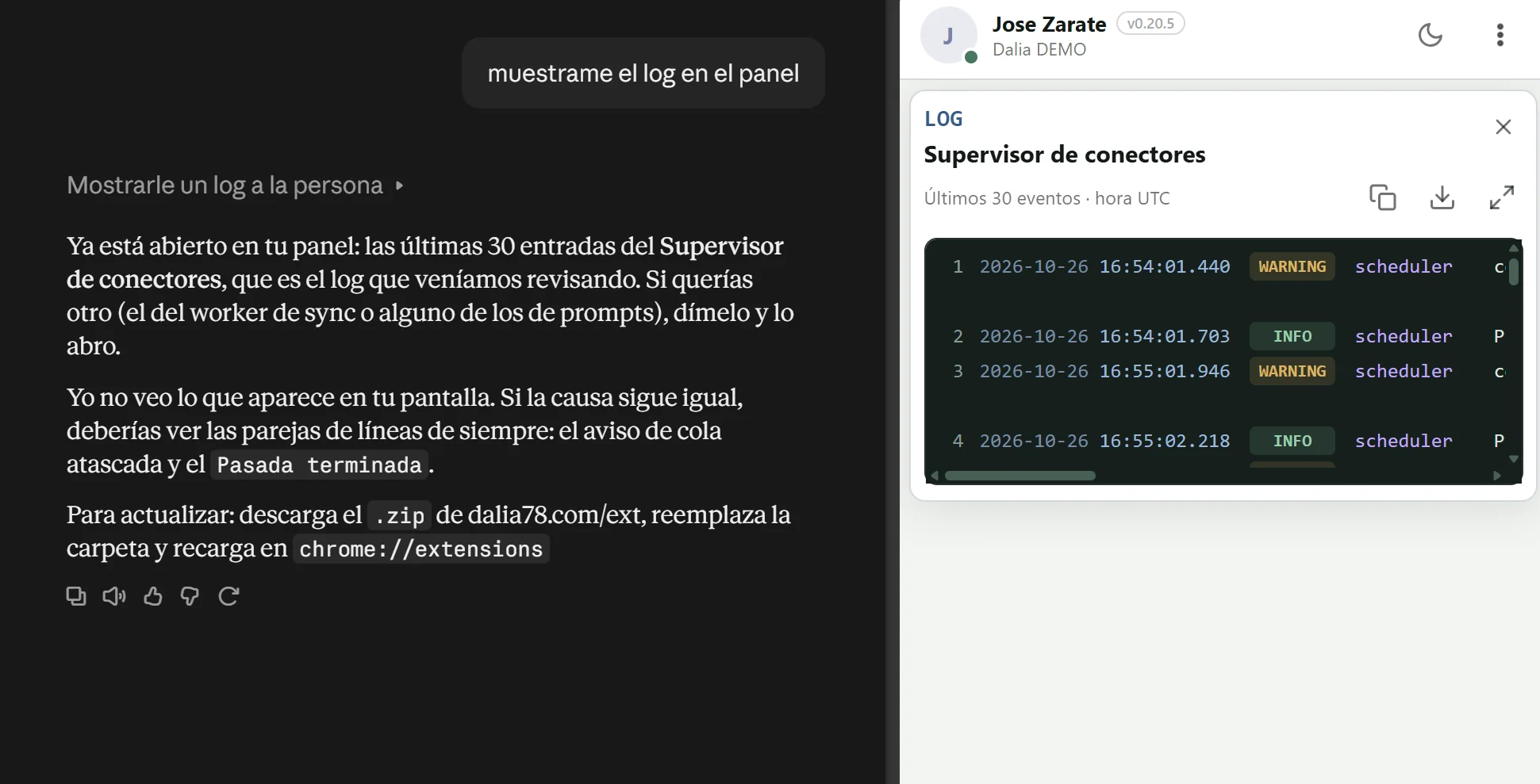 Claude muestra «Mostrarle un log a la persona» y DalIA abre en su panel el log del Supervisor de conectores, con avisos WARNING y eventos INFO