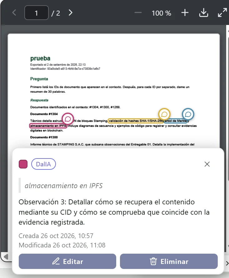 Detalle de la anotación: observación 3, fragmento «almacenamiento en IPFS», con fechas de creación y modificación